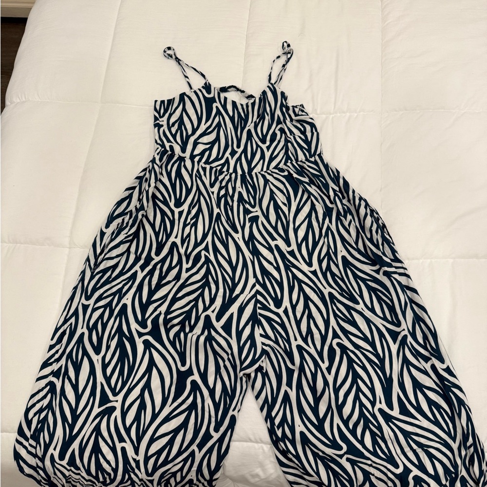 Navy and White Leaf-Print Jumpsuit